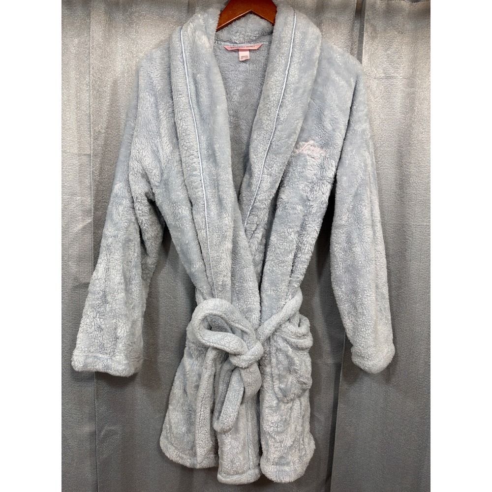 Victoria's Secret Light Blue Plush Faux Fur Love Embroidered Robe Womens M/L